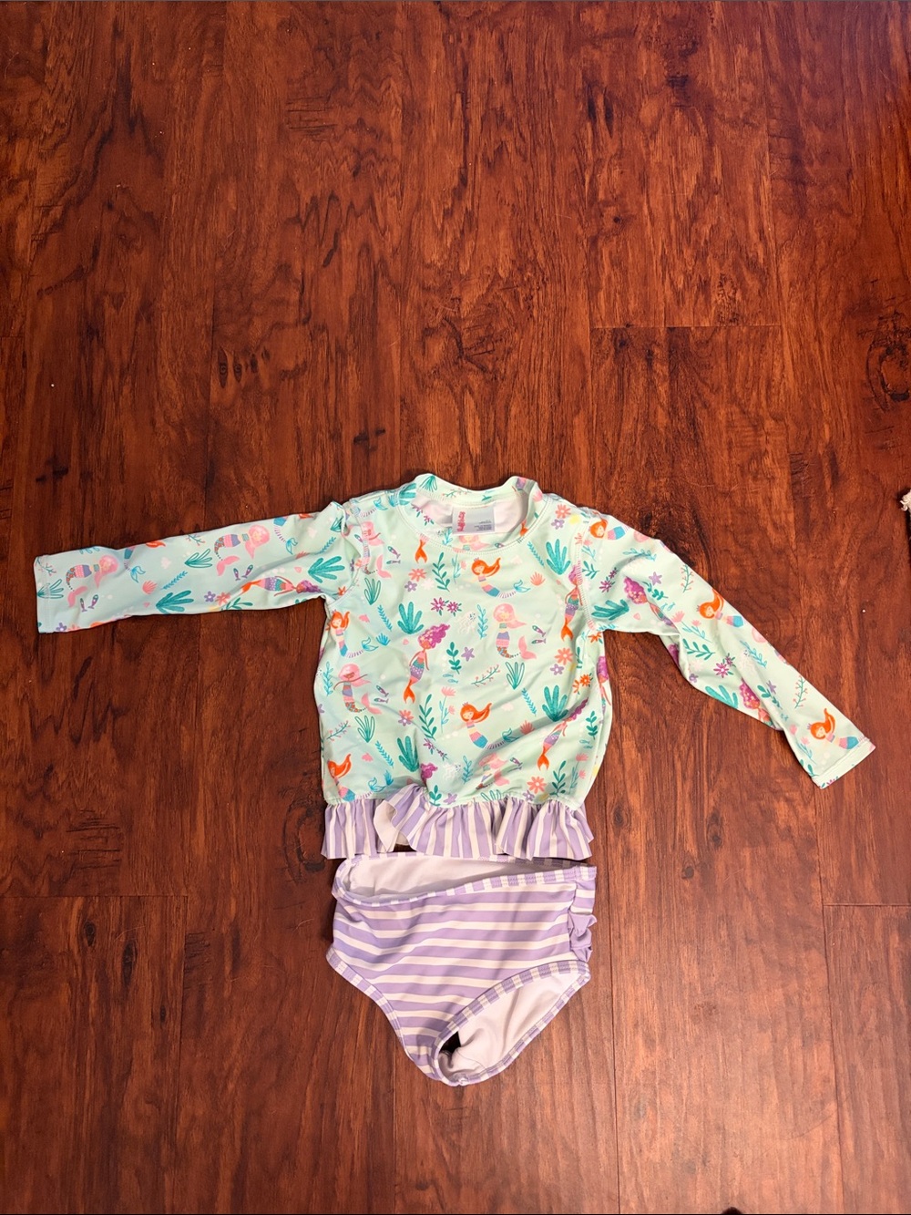Ruffle Butts Mermaid Long-Sleeve Rash Guard Swim Set with Lavender Stripe Bottom
